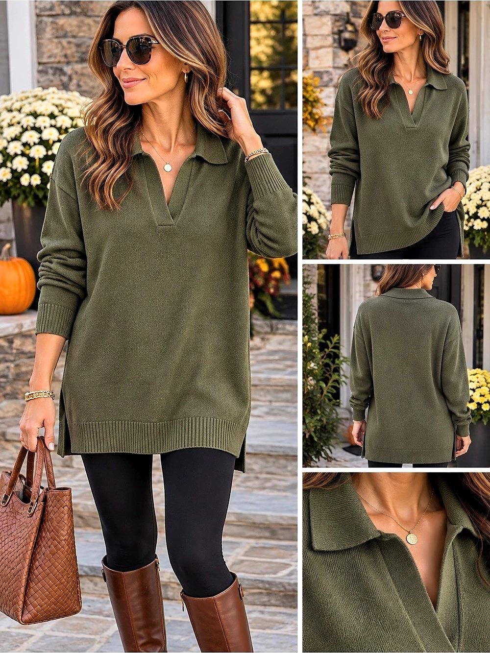 GAP Olive Green 100% Cotton Polo Collar Tunic Sweater M Gap